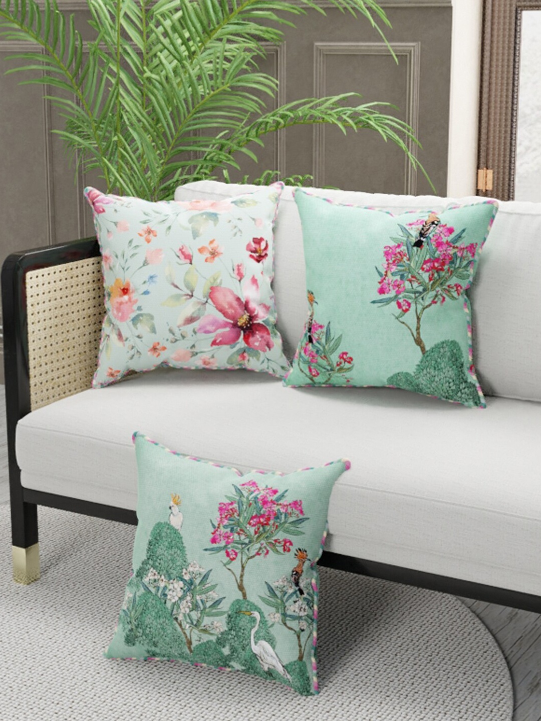 

BIANCA Green & Magenta Set of 3 Floral Square Cushion Covers