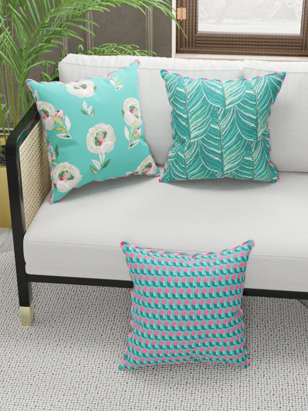 

BIANCA Coral & Off White Set of 3 Floral Square Cushion Covers