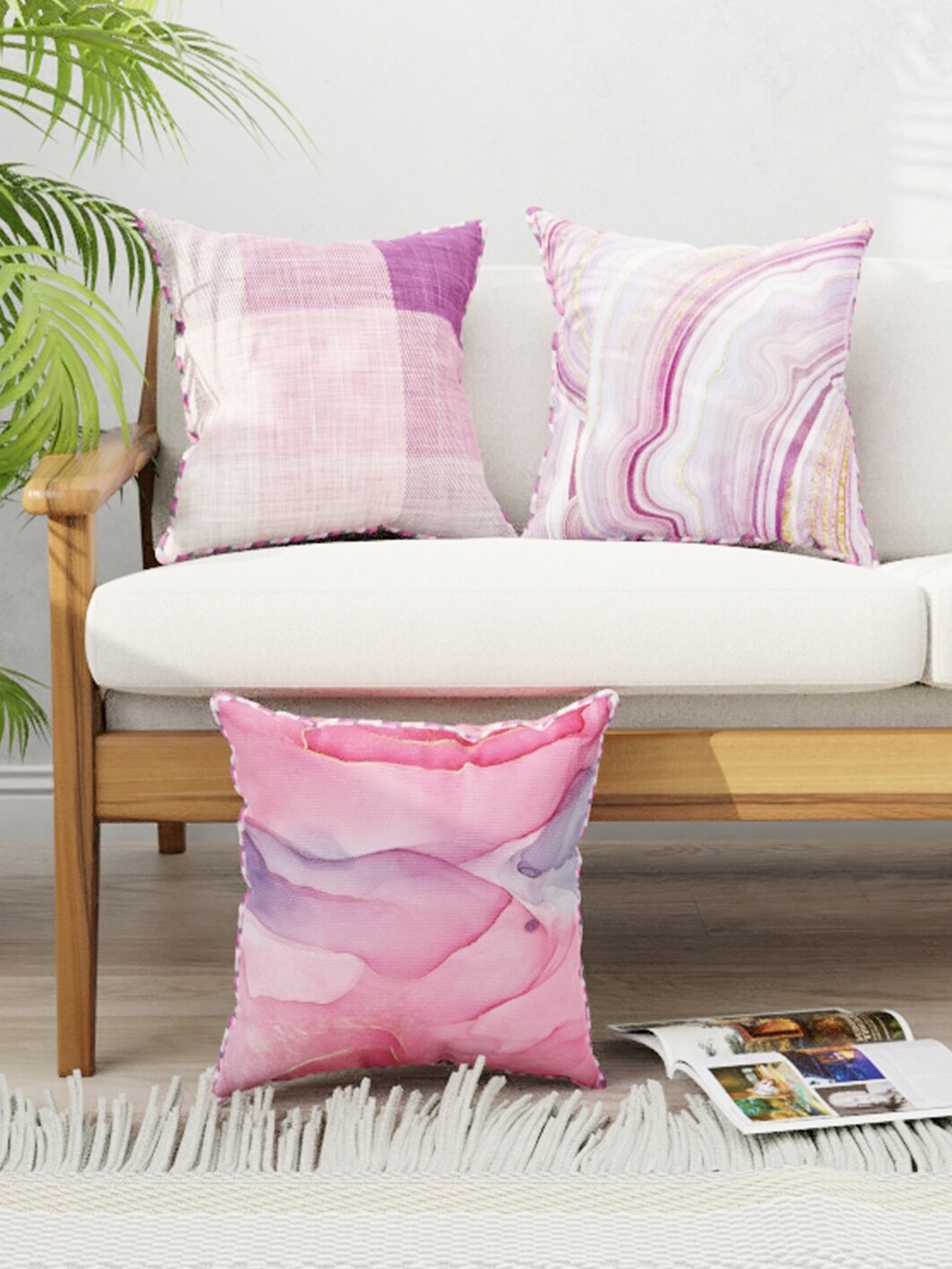 

BIANCA Set Of 3 Pink Abstract Printed Square Cushion Covers