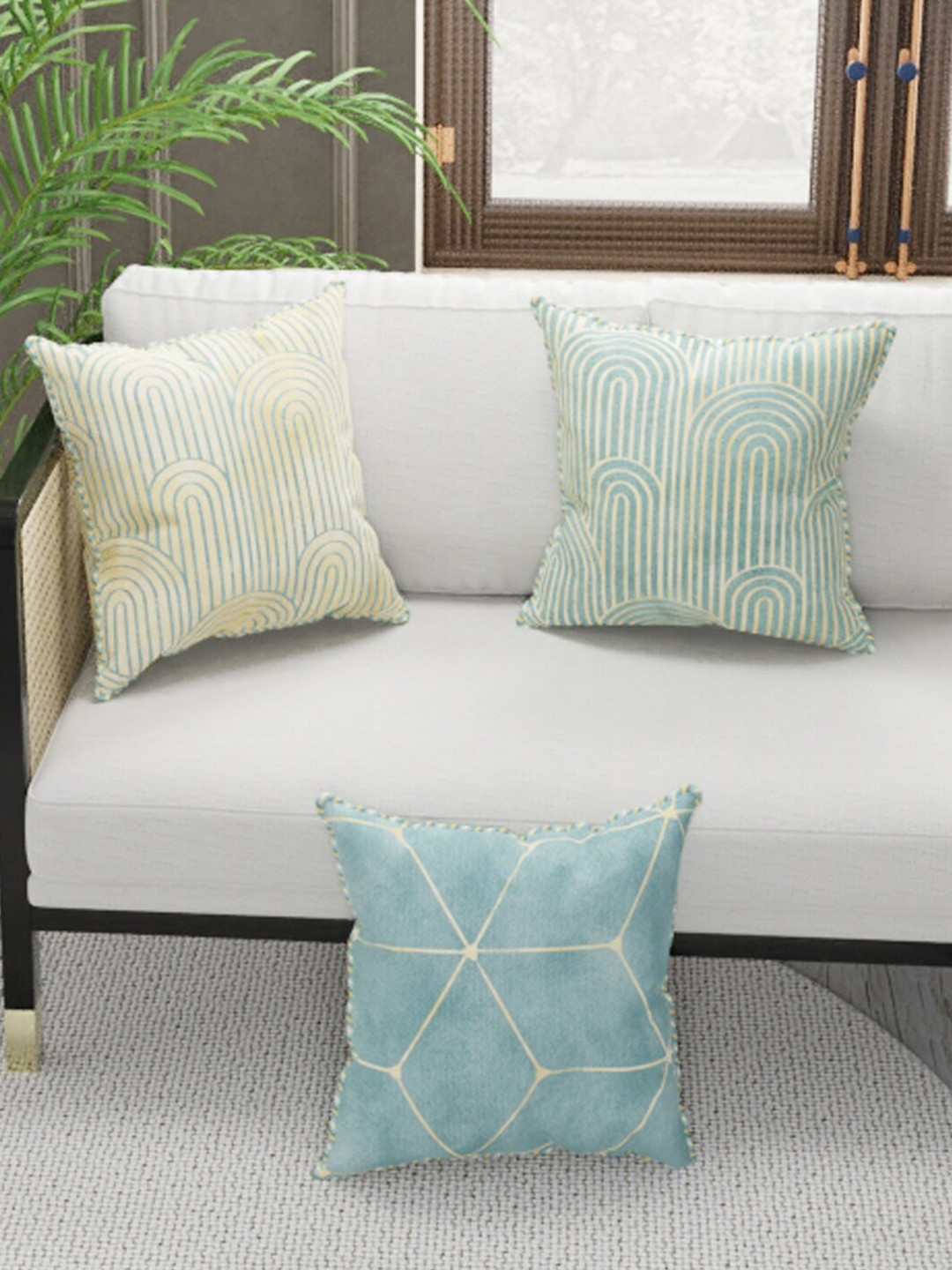 

BIANCA Set Of 3 Blue & Beige Geometric Printed Cushion Covers