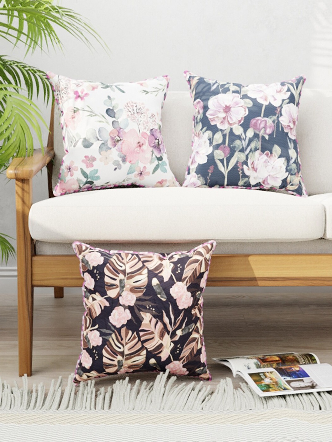 

BIANCA Set of 3 Pink & White Floral Square Cushion Covers