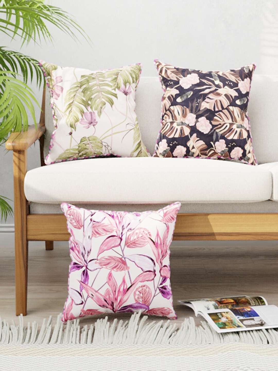 

BIANCA Red & Off White Set of 3 Floral Square Cushion Covers