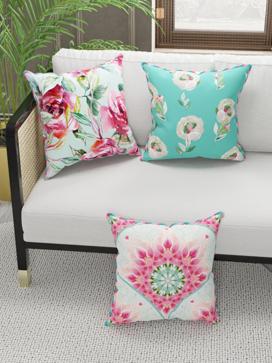 

BIANCA Coral & Green Set of 3 Floral Square Cushion Covers