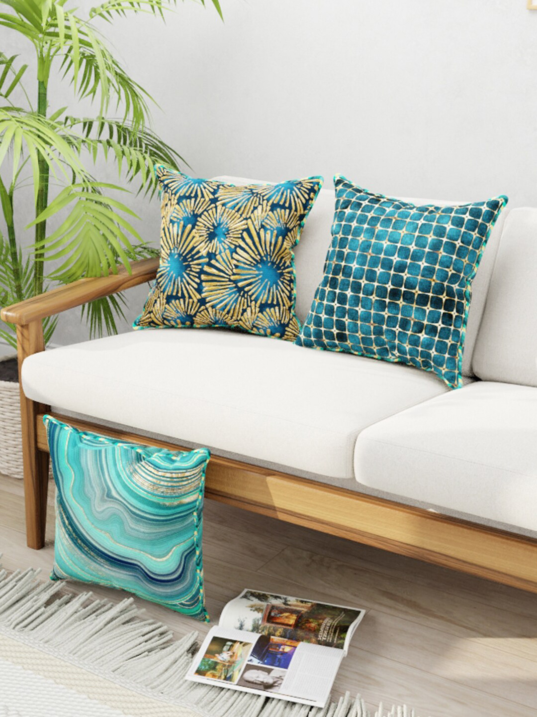 

BIANCA Teal & Gold-Toned Set of 3 Abstract Square Cushion Covers