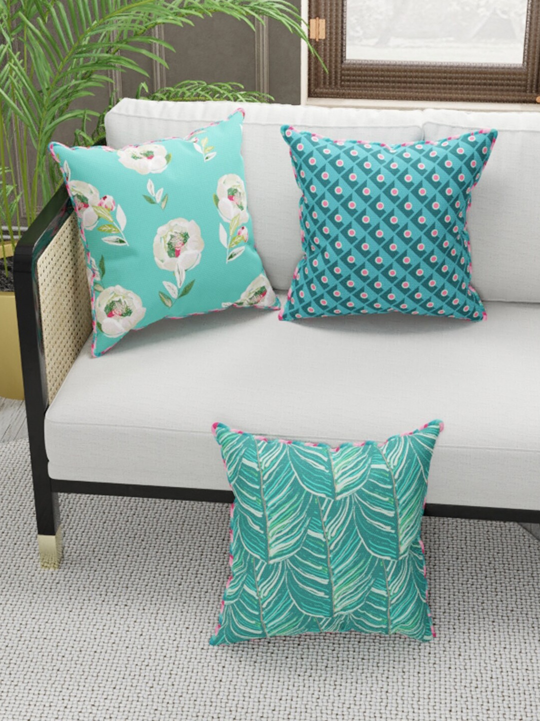 

BIANCA Set of 3 Coral & Turquoise Blue Floral Square Cushion Covers