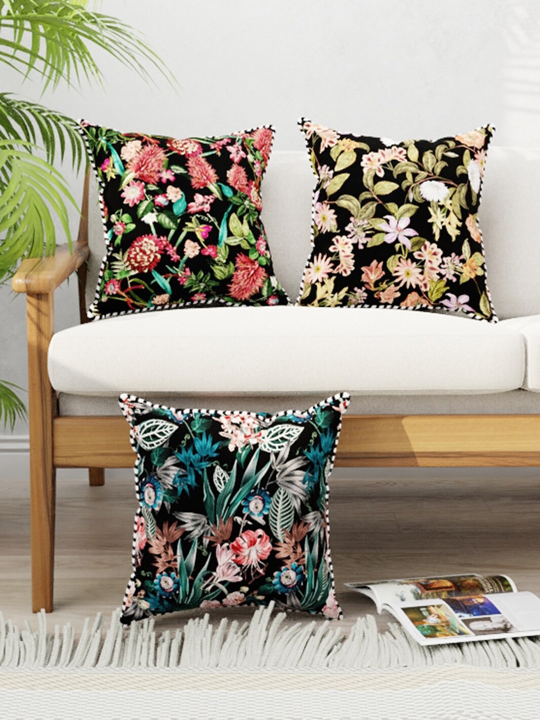 

BIANCA Black & Green Set of 3 Floral Faux Silk-Linen Square Cushion Covers