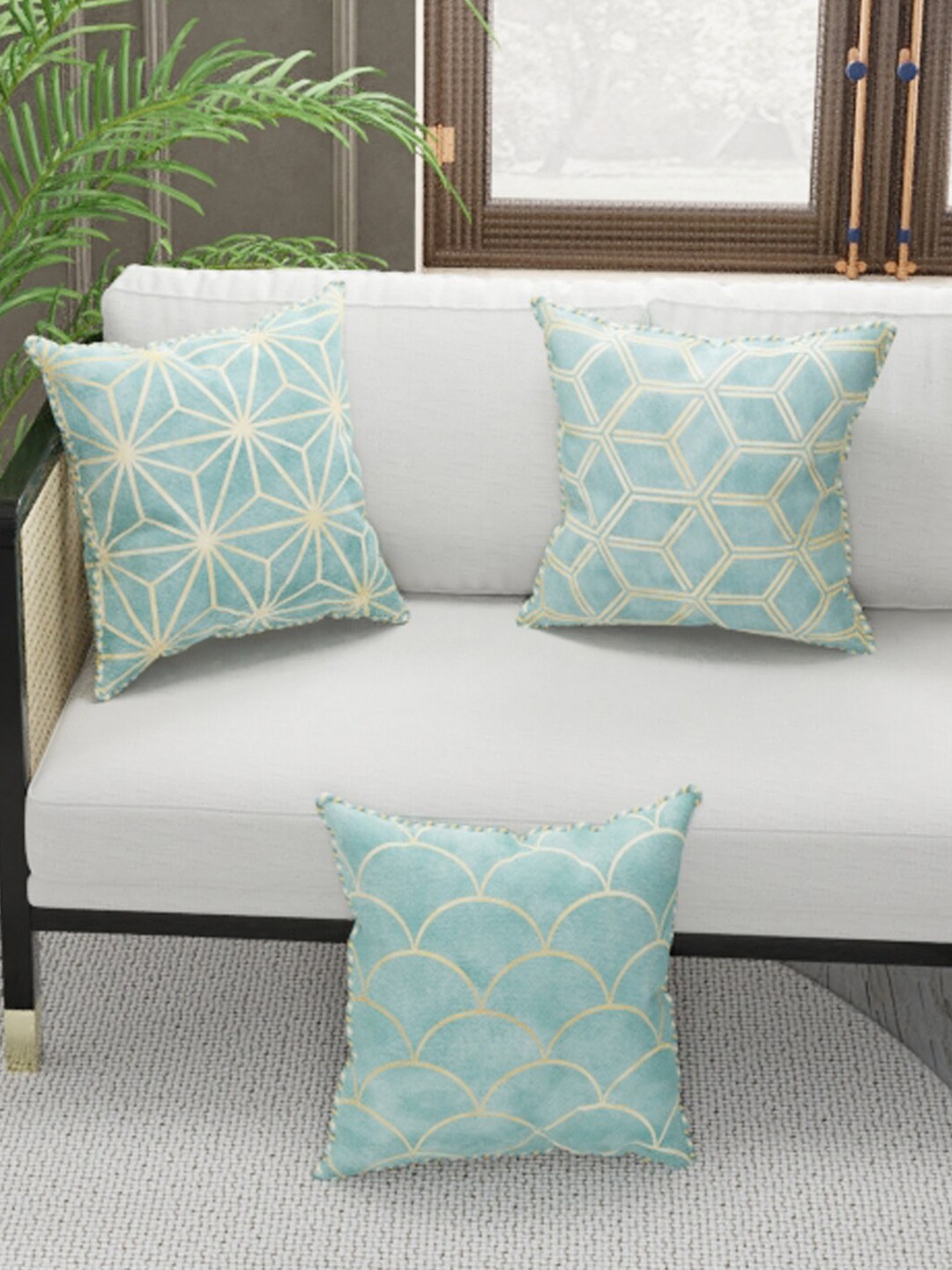

BIANCA Mint Green & Beige Set of 3 Geometric Square Cushion Covers