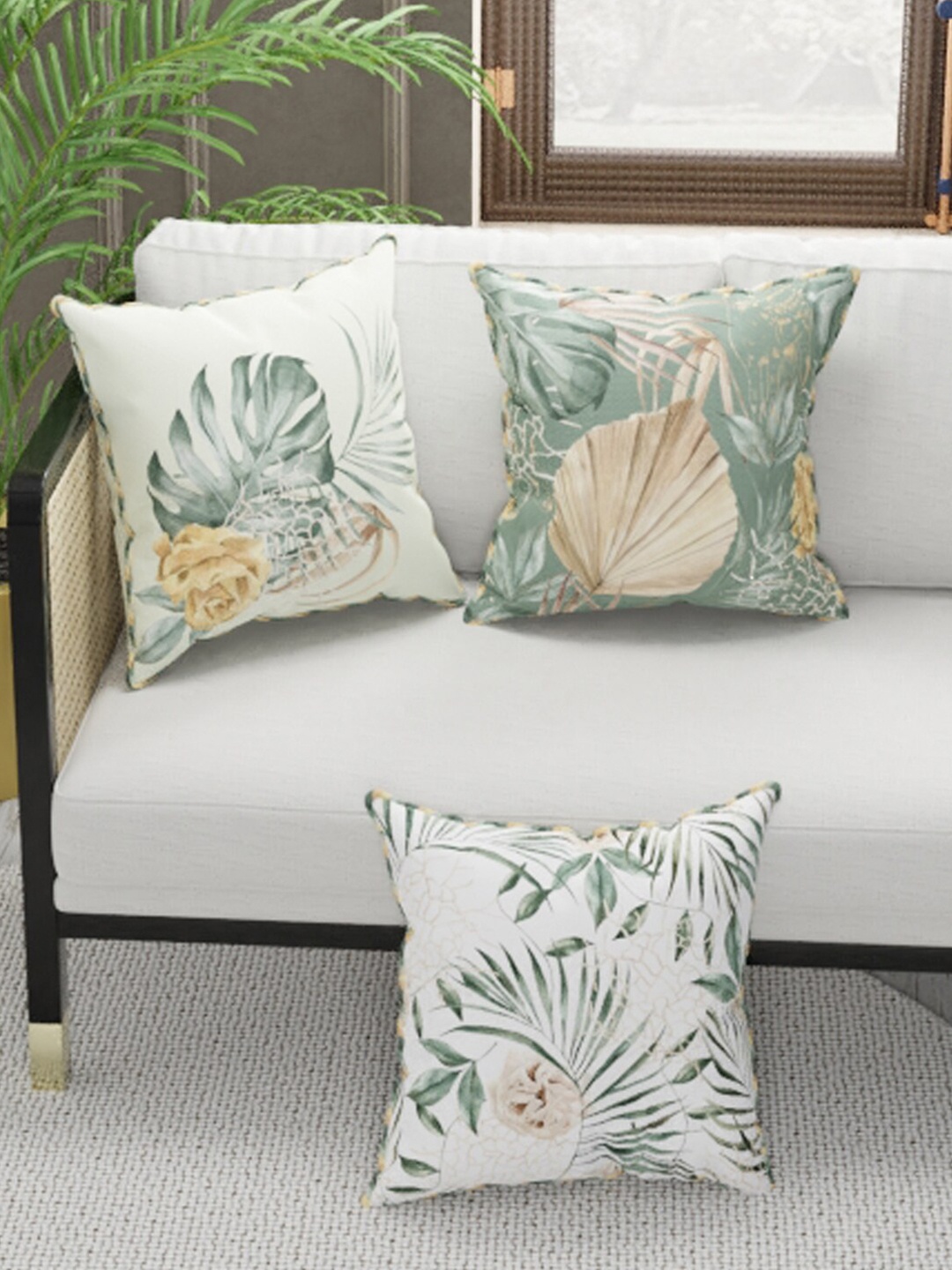 

BIANCA Green & Beige Set of 3 Floral Square Cushion Covers