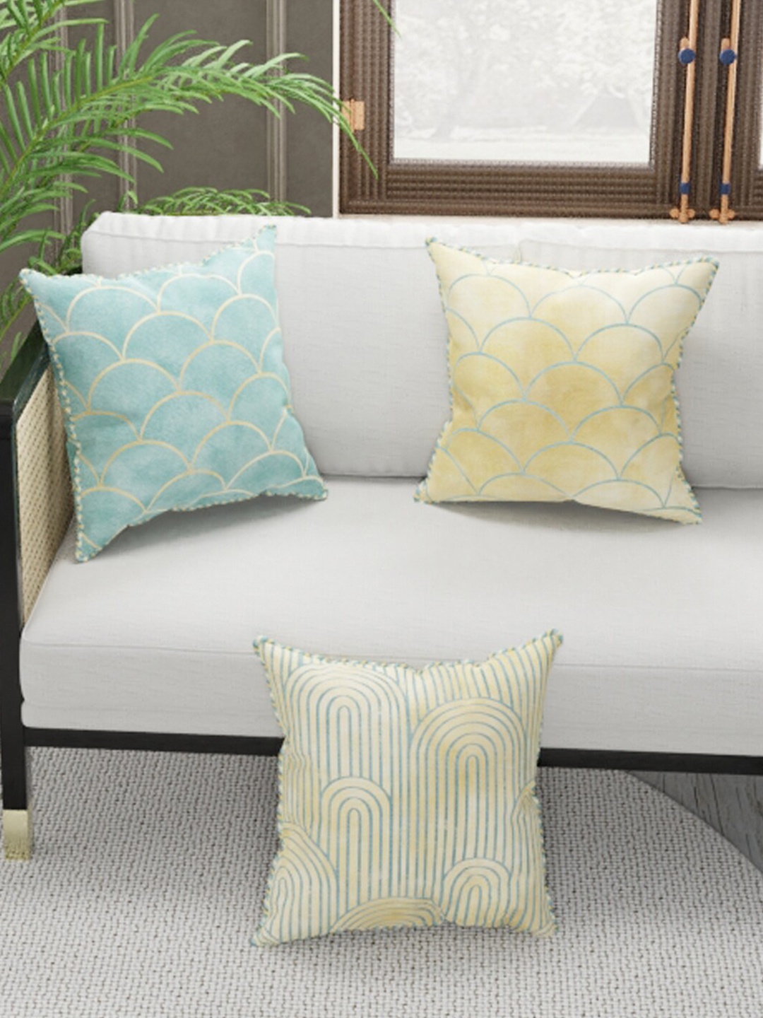 

BIANCA Beige & Green Set of 3 Abstract Square Cushion Covers