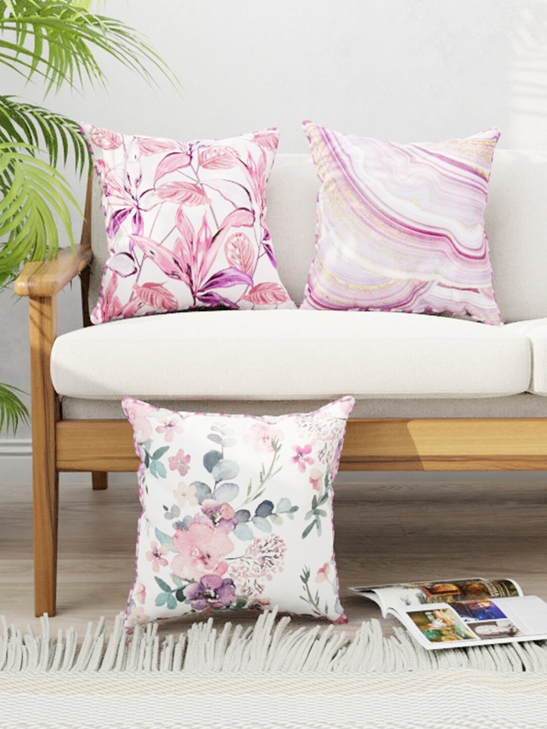 

BIANCA Red & White Set of 3 Floral Square Cushion Covers