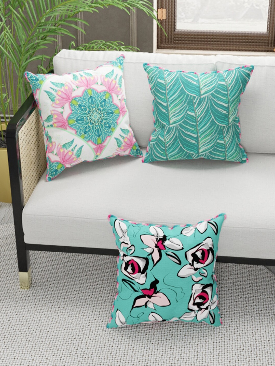 

BIANCA Coral & Teal Green Set of 3 Floral Square Cushion Covers