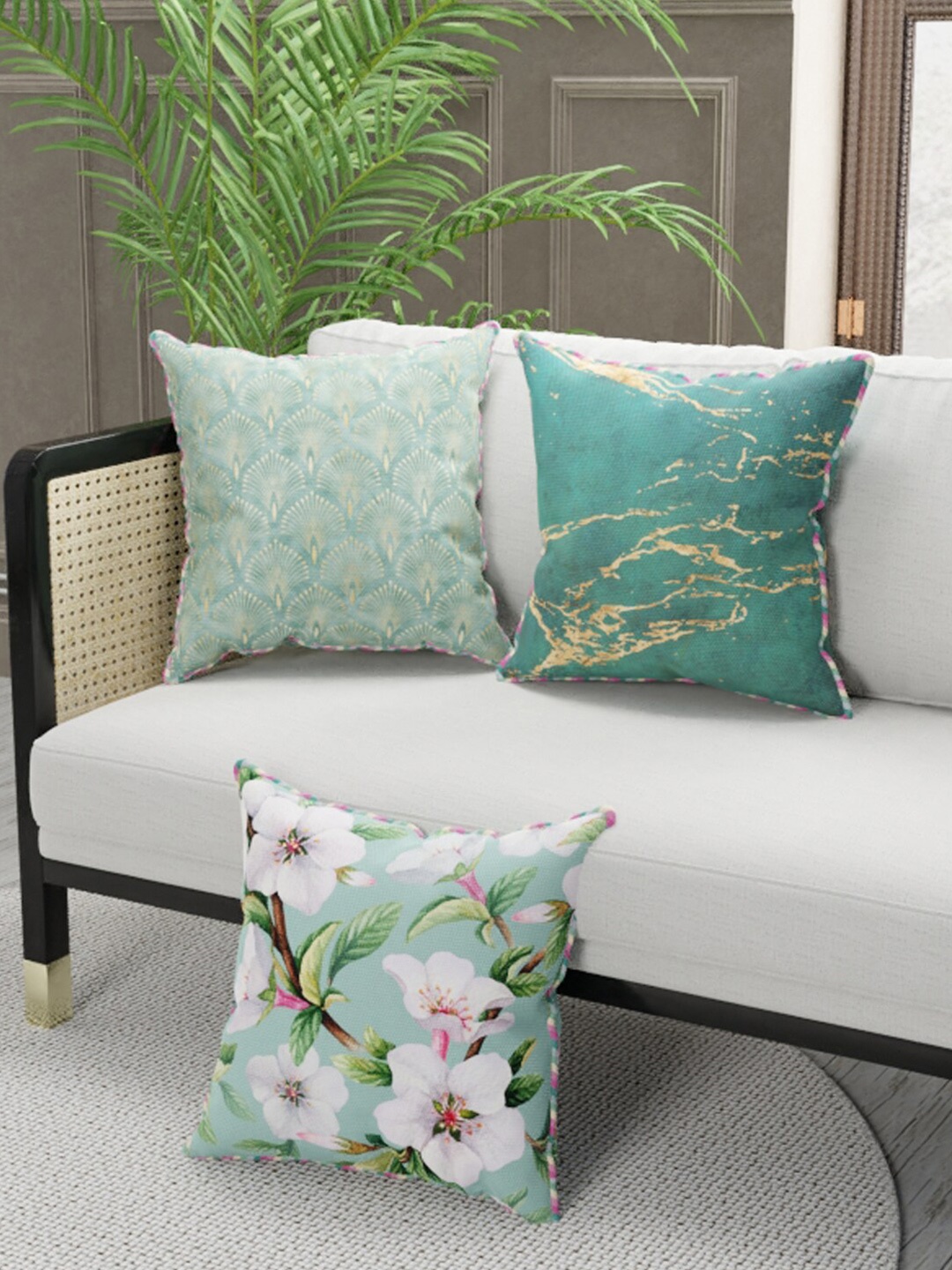 

BIANCA Set Of 3 Green & Off White Floral Printed Cushion Covers