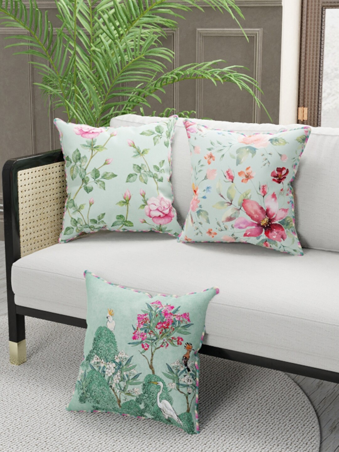 

BIANCA Green & Pink Set of 3 Floral Square Cushion Covers