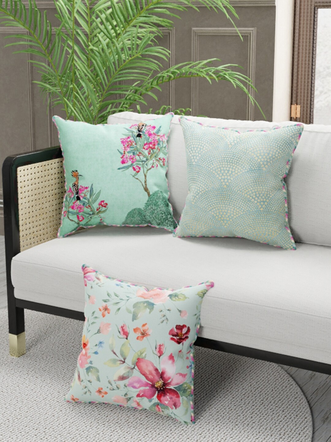 

BIANCA Green & Pink Set of 3 Floral Square Cushion Covers