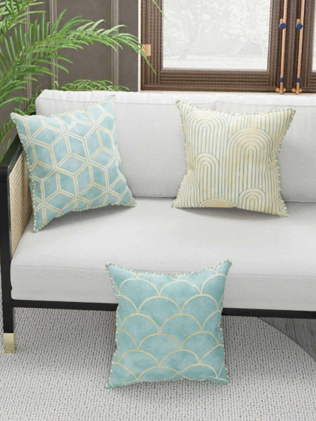 

BIANCA Beige & Blue Set of 3 Geometric Faux Silk-Linen Square Cushion Covers