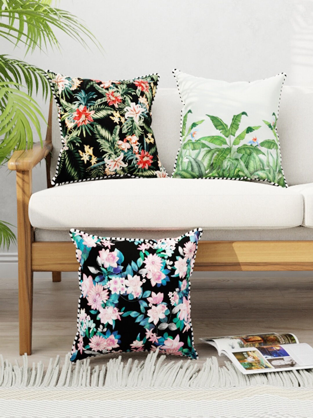 

BIANCA Black & Green Set of 3 Floral Square Cushion Covers