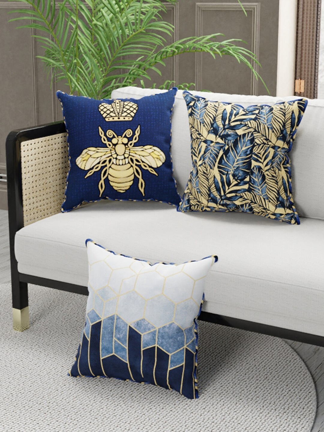 

BIANCA Set of 3 Navy Blue & White Floral Square Cushion Covers