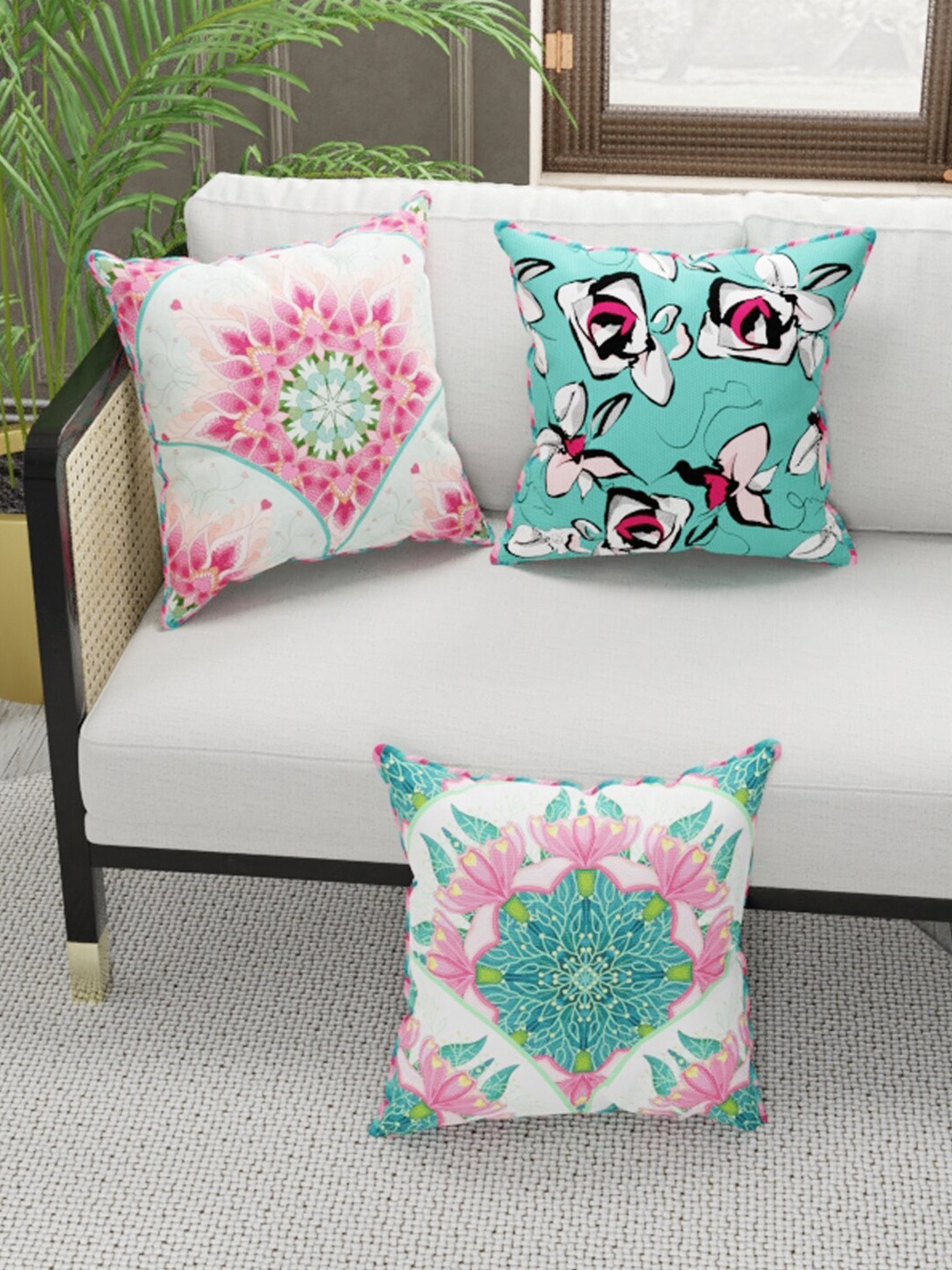

BIANCA Coral & Teal Set of 3 Floral Square Cushion Covers