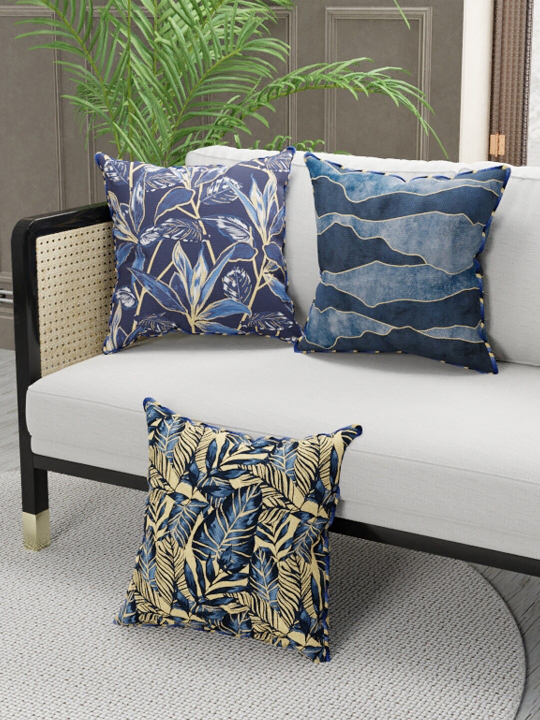 

BIANCA Navy Blue & Gold-Toned Set of 3 Floral Square Cushion Covers