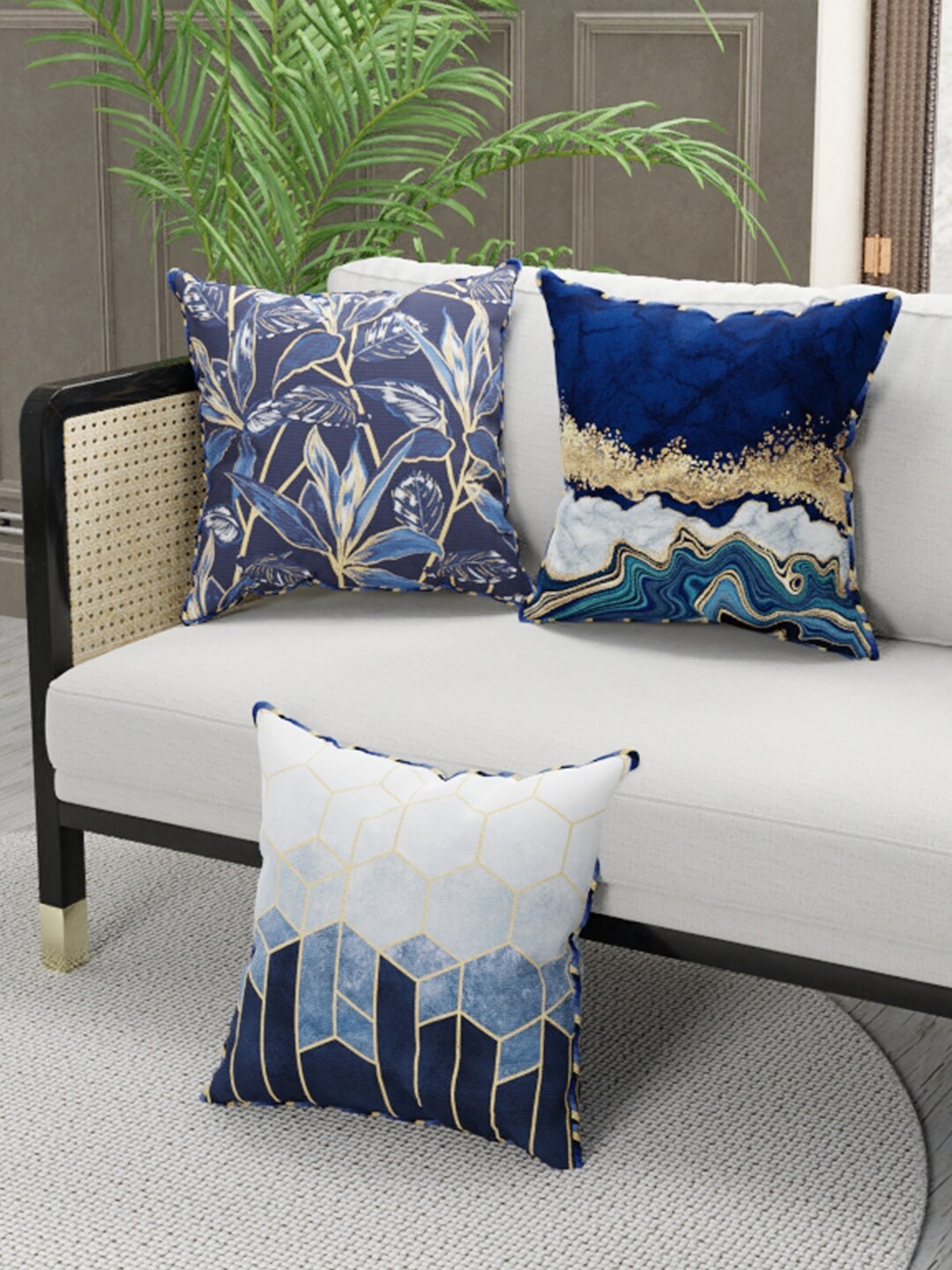 

BIANCA Set of 3 Navy Blue & Golden Abstract Square Cushion Covers