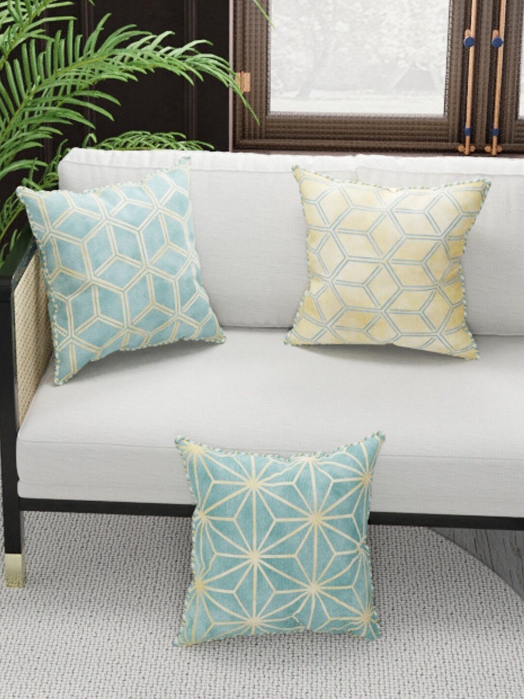 

BIANCA Beige & Turquoise Blue Set of 3 Abstract Square Cushion Covers