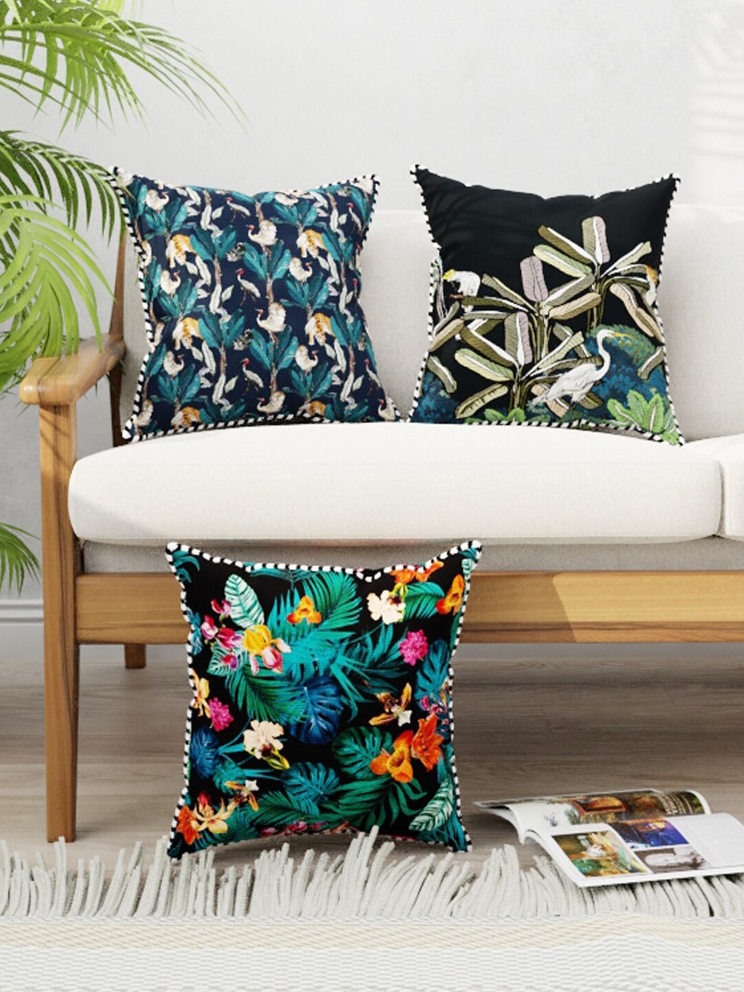 

BIANCA Black & Green Set of 3 Floral Square Cushion Covers