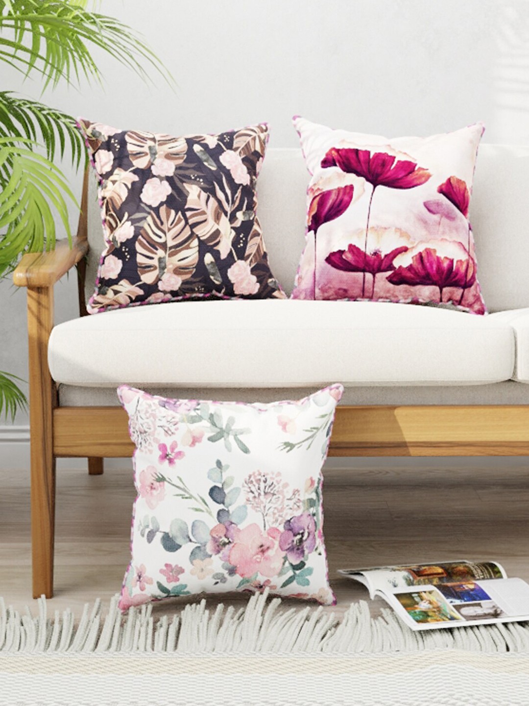

BIANCA Burgundy & Plum Set of 3 Floral Square Cushion Covers