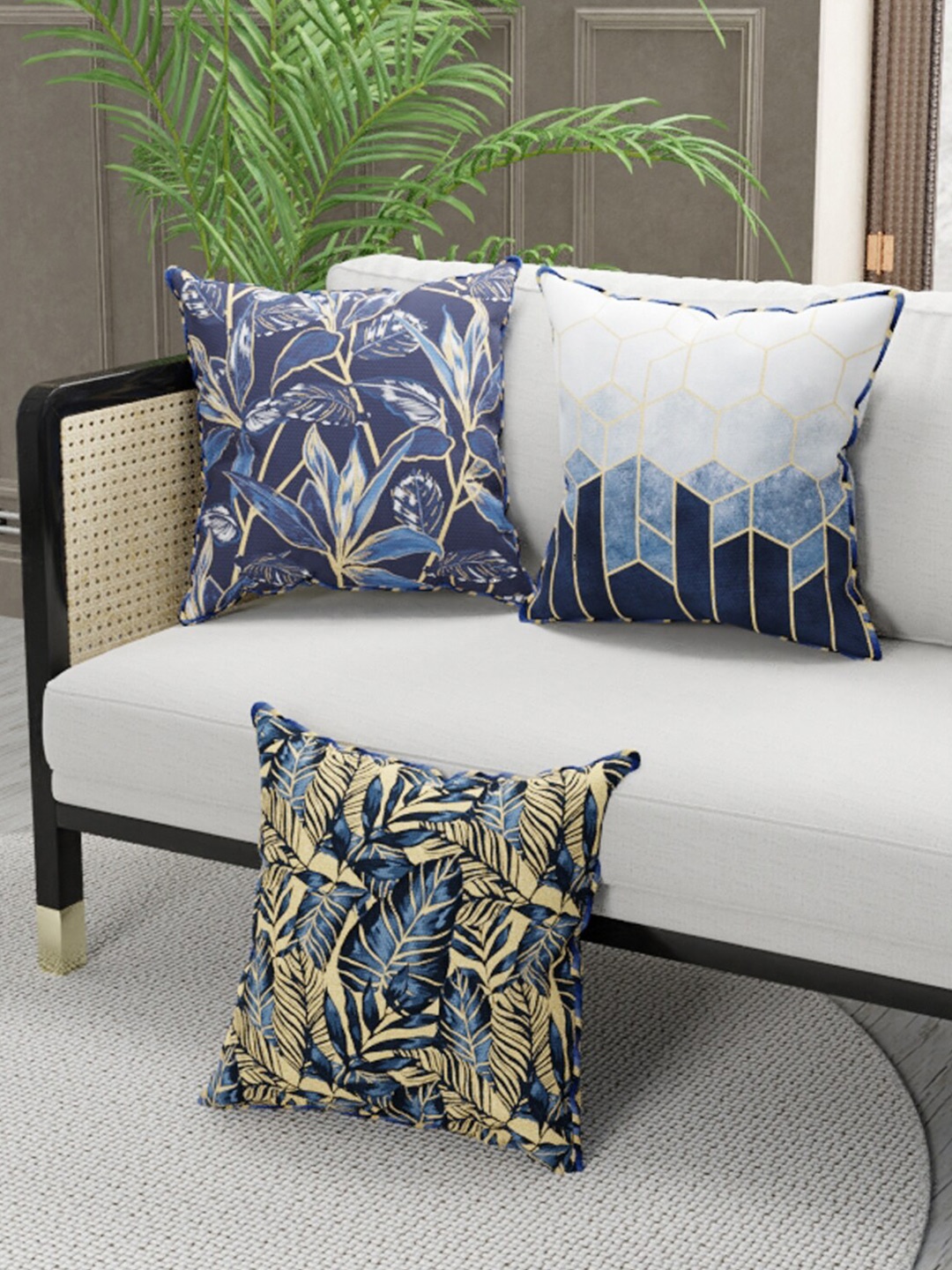 

BIANCA Set of 3 Navy Blue & White Floral Square Cushion Covers