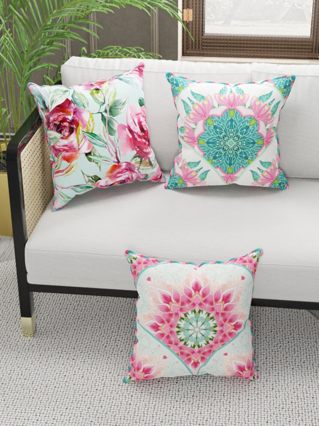 

BIANCA Set of 3 Pink & Green Floral Square Cushion Covers