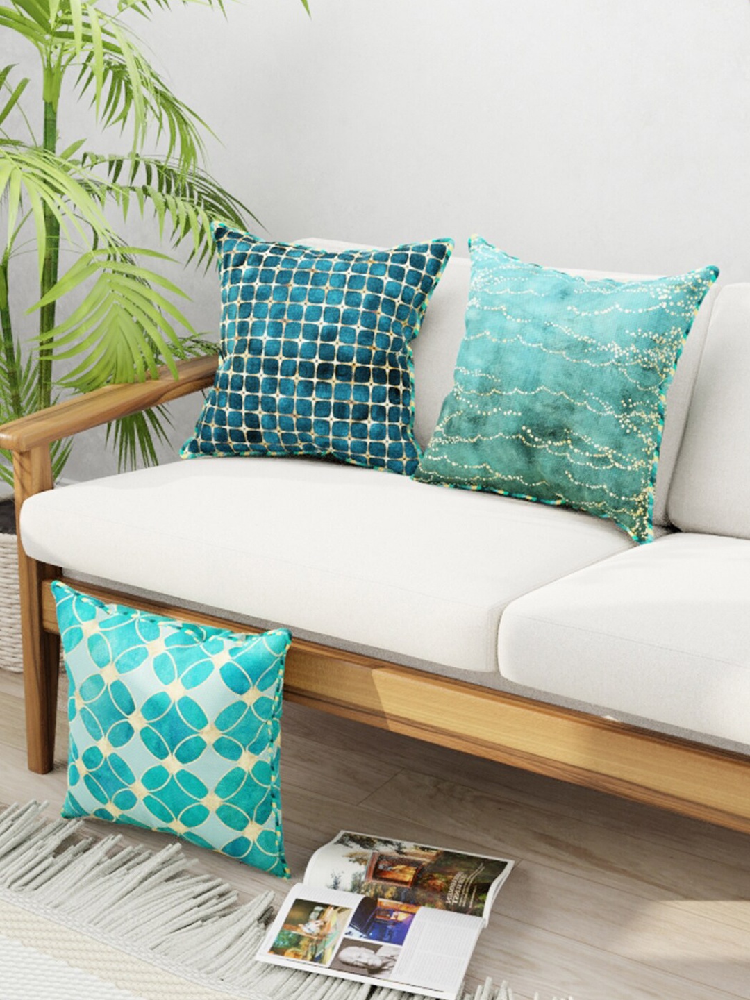 

BIANCA Teal & Beige Set of 3 Geometric Square Cushion Covers