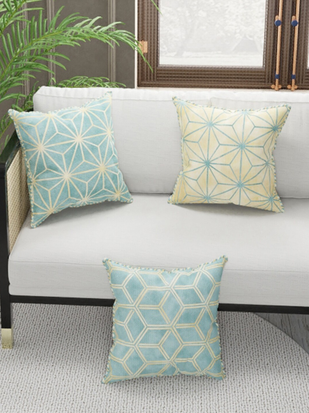 

BIANCA Beige & Blue Set of 3 Geometric Square Cushion Covers