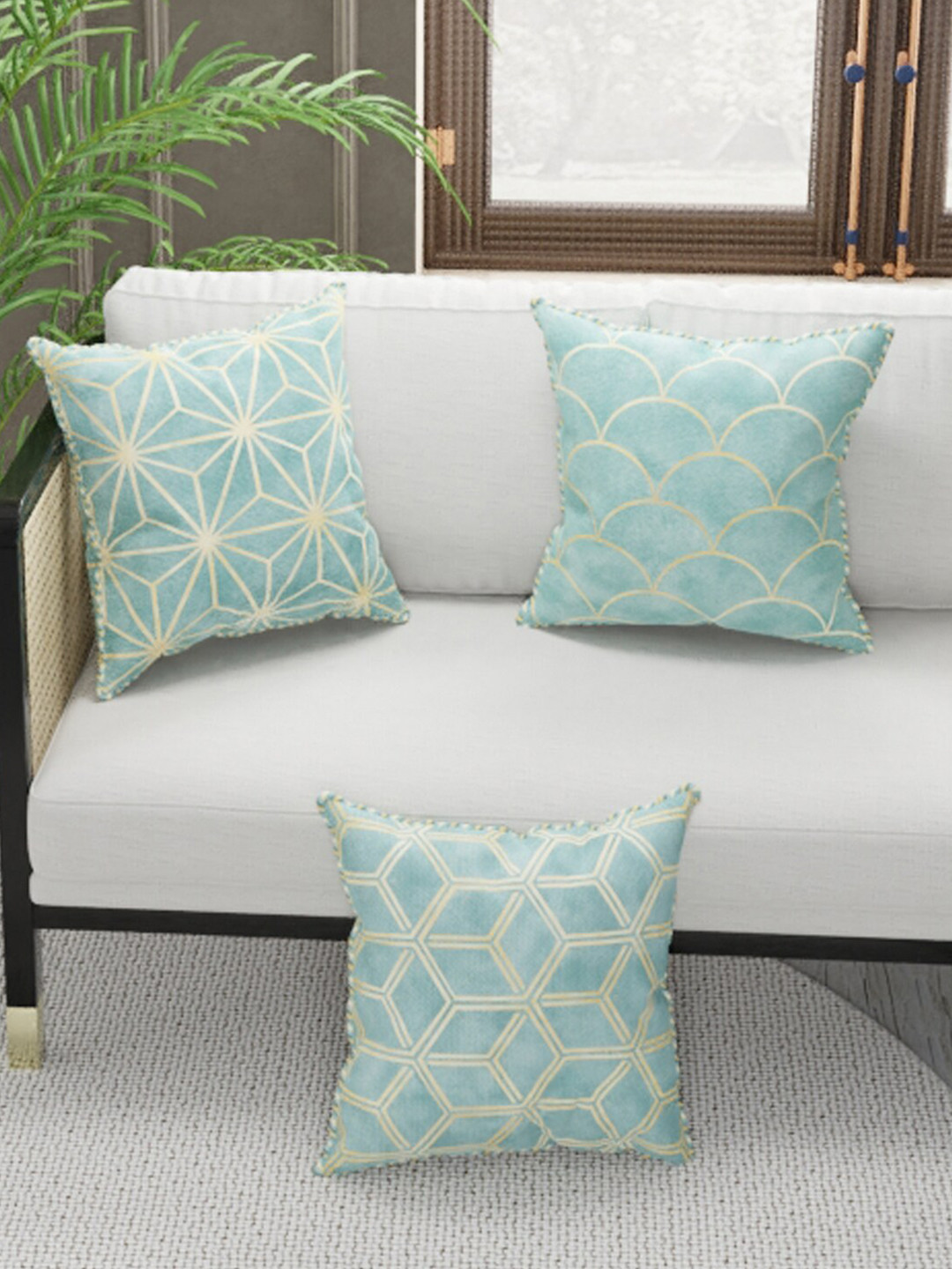 

BIANCA Beige & Blue Set of 3 Geometric Square Cushion Covers