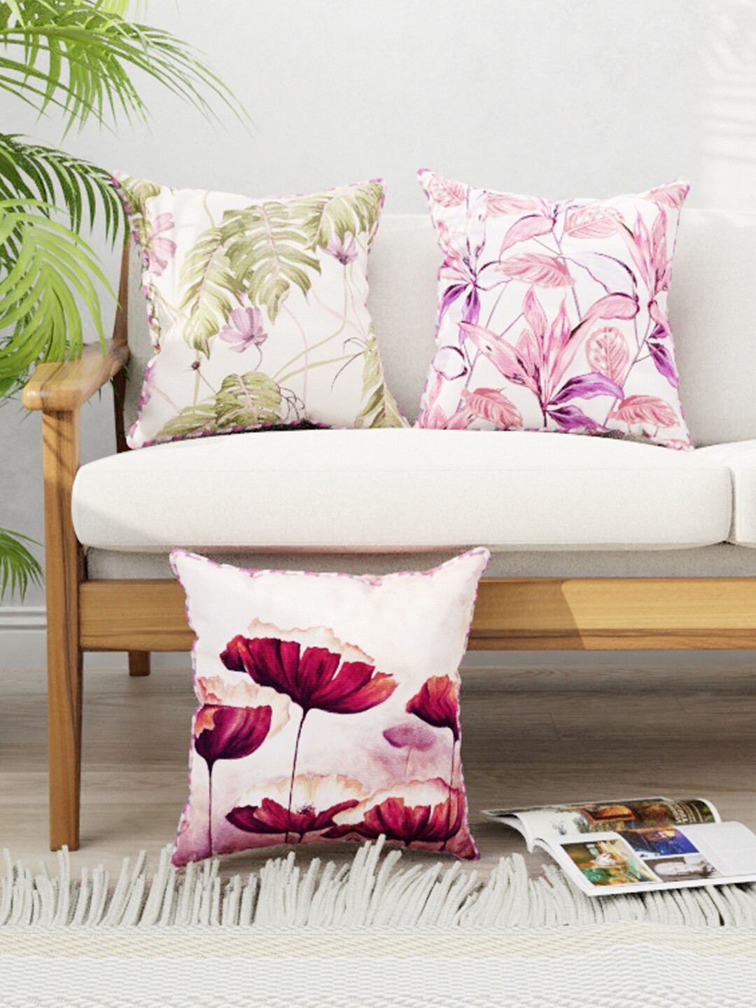 

BIANCA Multicoloured Set of 3 Floral Square Cushion Covers, Multi