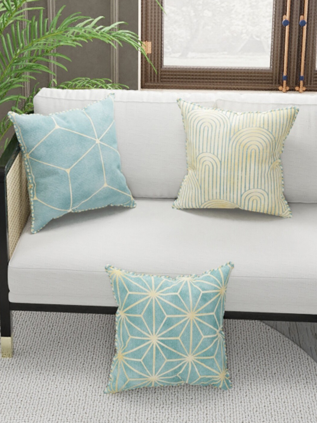 

BIANCA Set of 3 Beige & Blue Geometric Square Cushion Covers