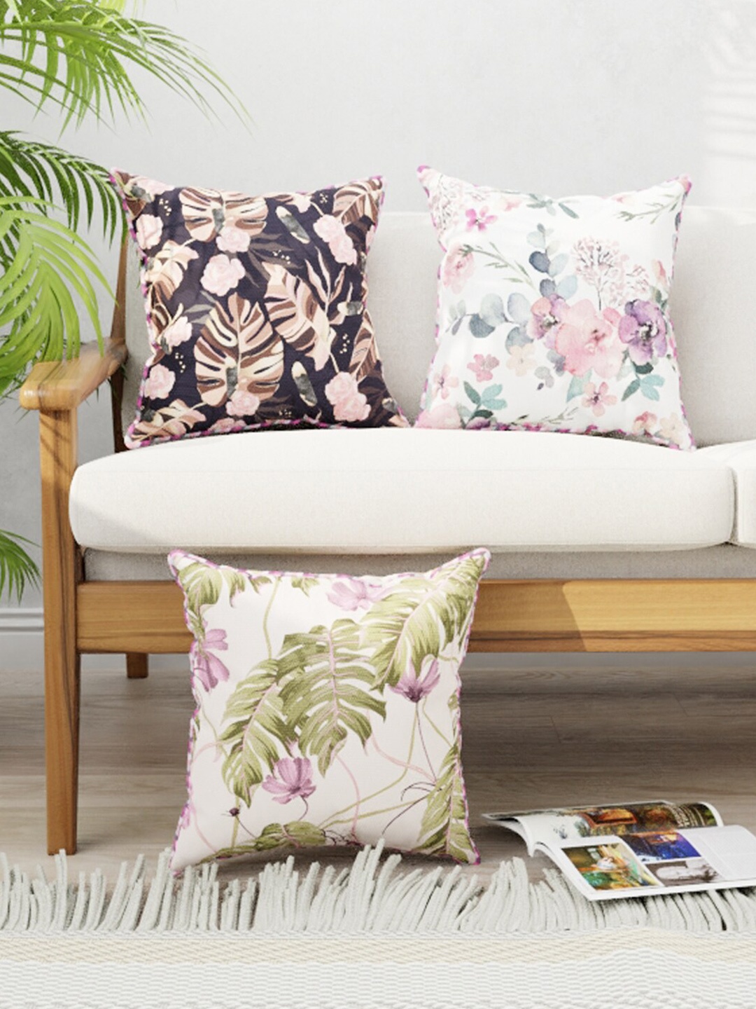 

BIANCA Burgundy & Plum Set of 3 Floral Square Cushion Covers