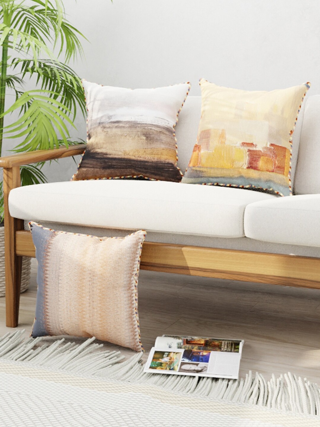 

BIANCA Brown & Grey Set of 3 Abstract Square Cushion Covers