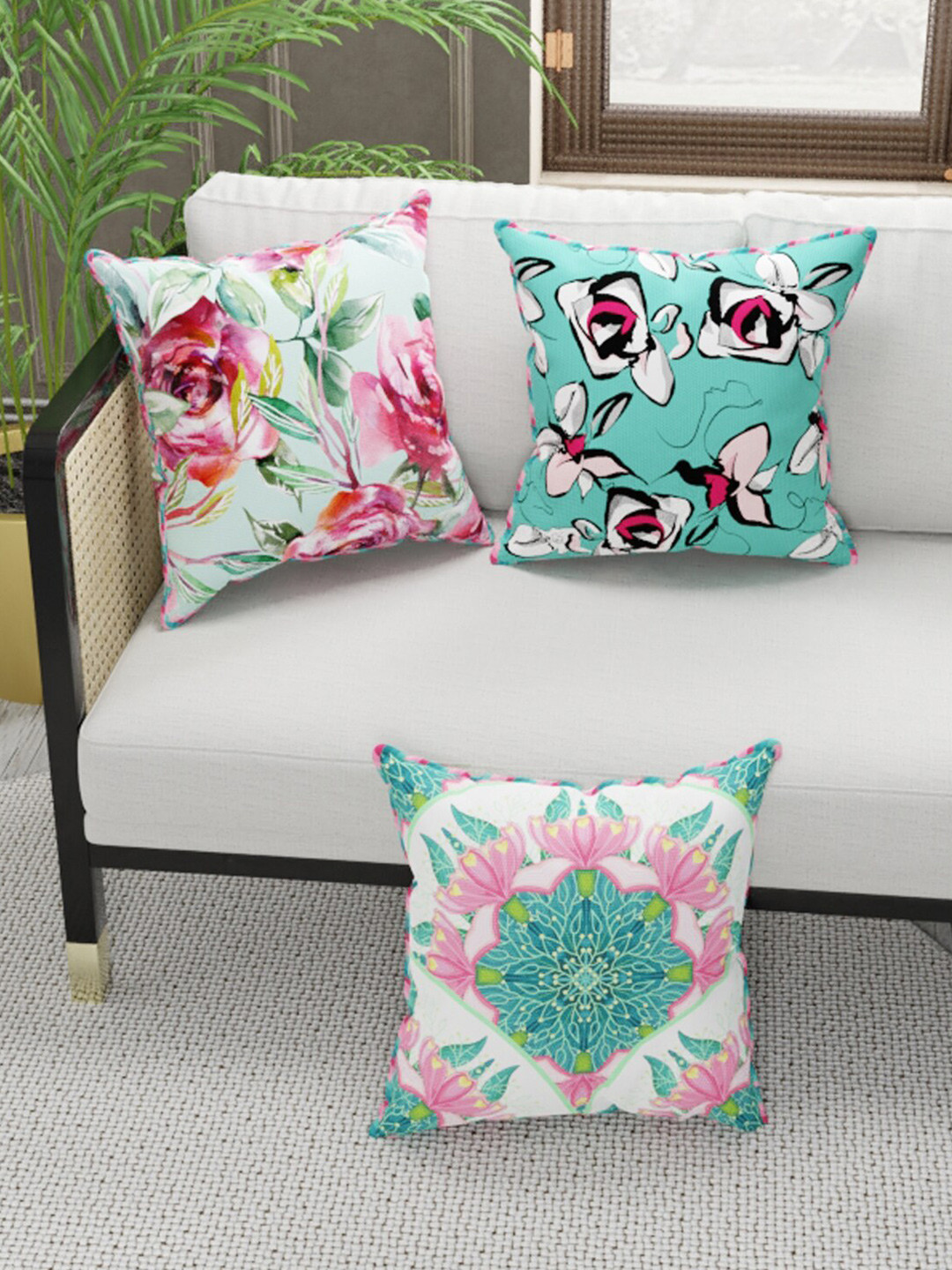 

BIANCA Set Of 3 Coral & Turquoise Blue Floral Printed Cushion Covers