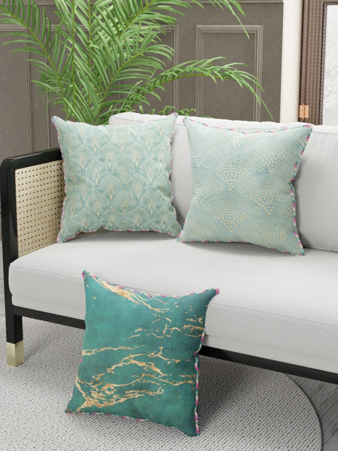 

BIANCA Sea Green & Teal Set of 3 Floral Square Cushion Covers