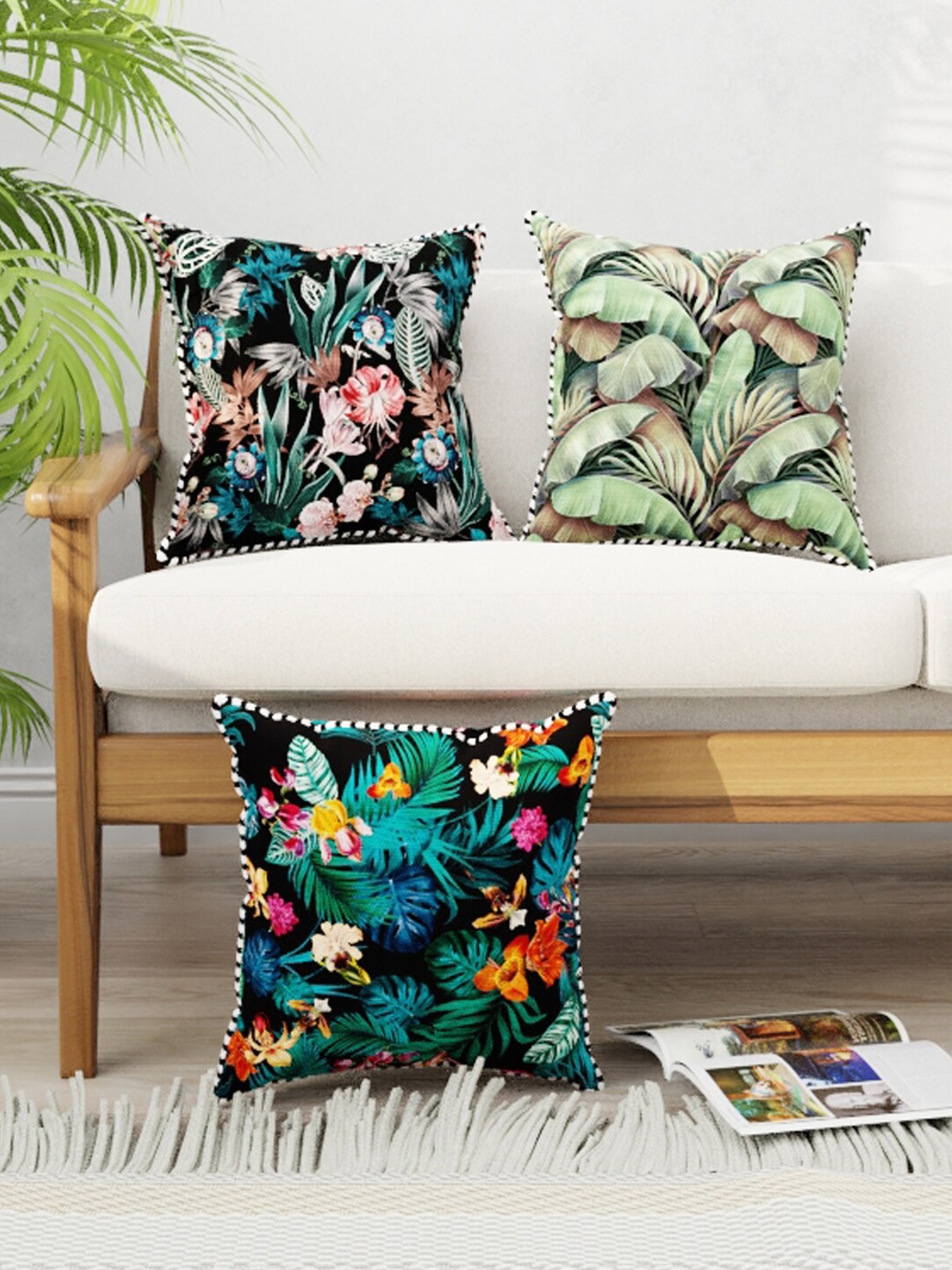 

BIANCA Black & Green Set of 3 Floral Square Cushion Covers