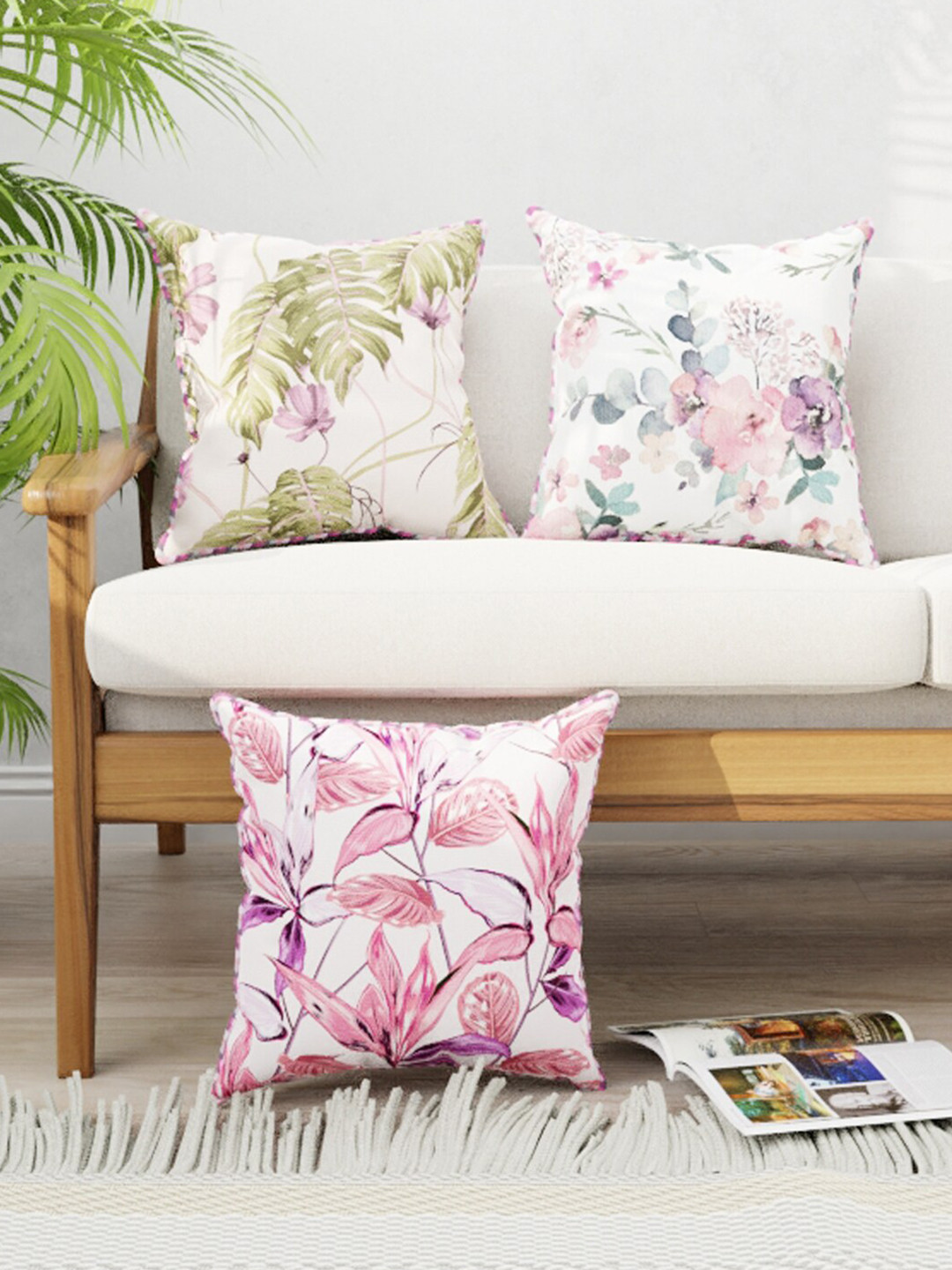 

BIANCA Red & White Set of 3 Floral Faux Silk-Linen Square Cushion Covers