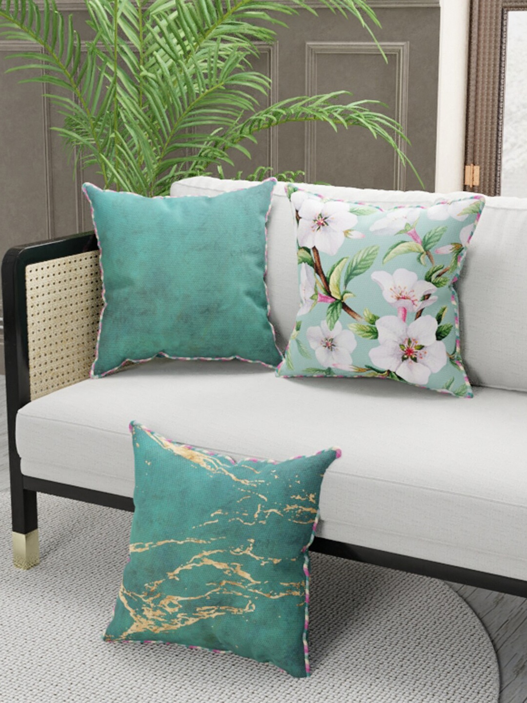 

BIANCA Green & Golden Set of 3 Floral Square Cushion Covers