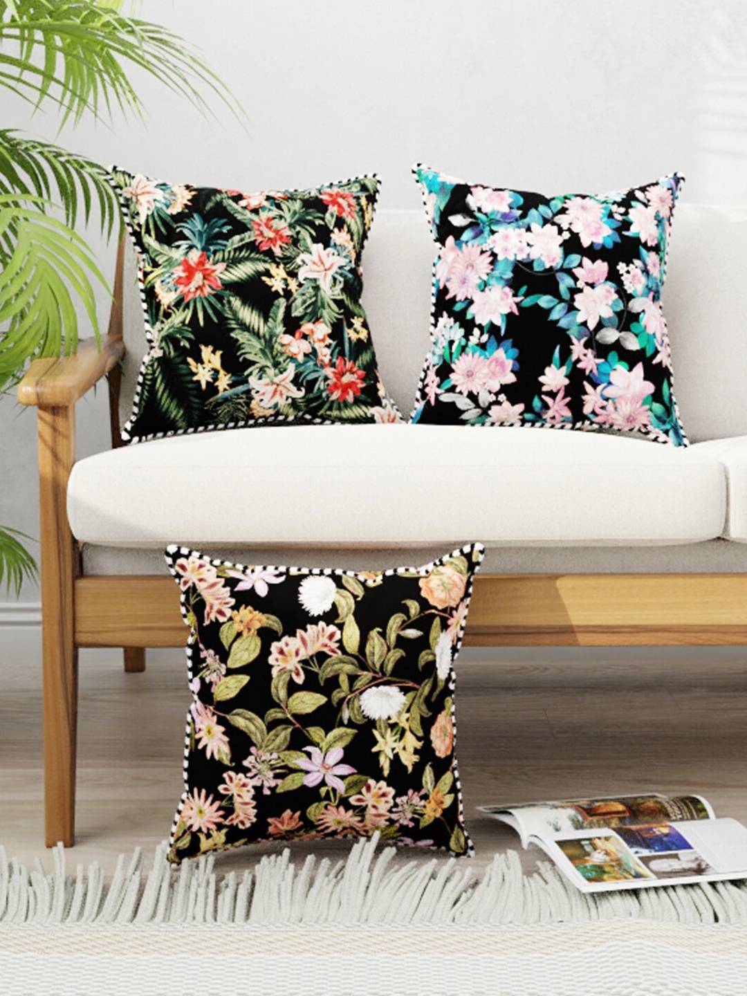 

BIANCA Black & Green Set of 3 Floral Square Cushion Covers