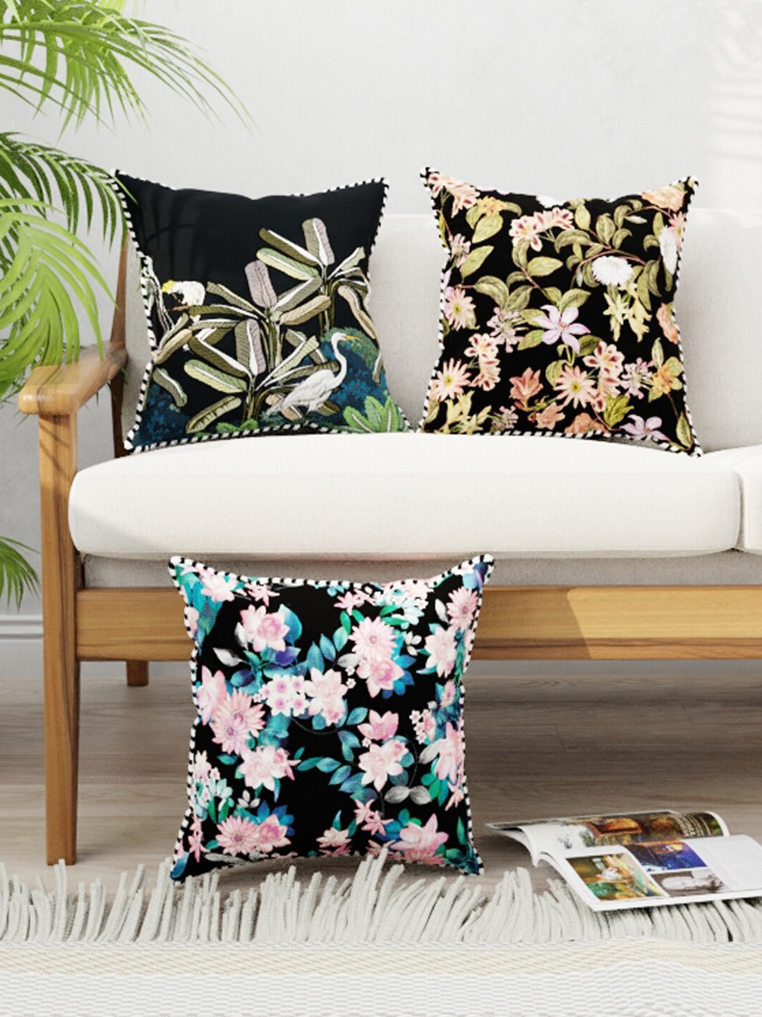 

BIANCA Set of 3 Black Floral Square Cushion Covers