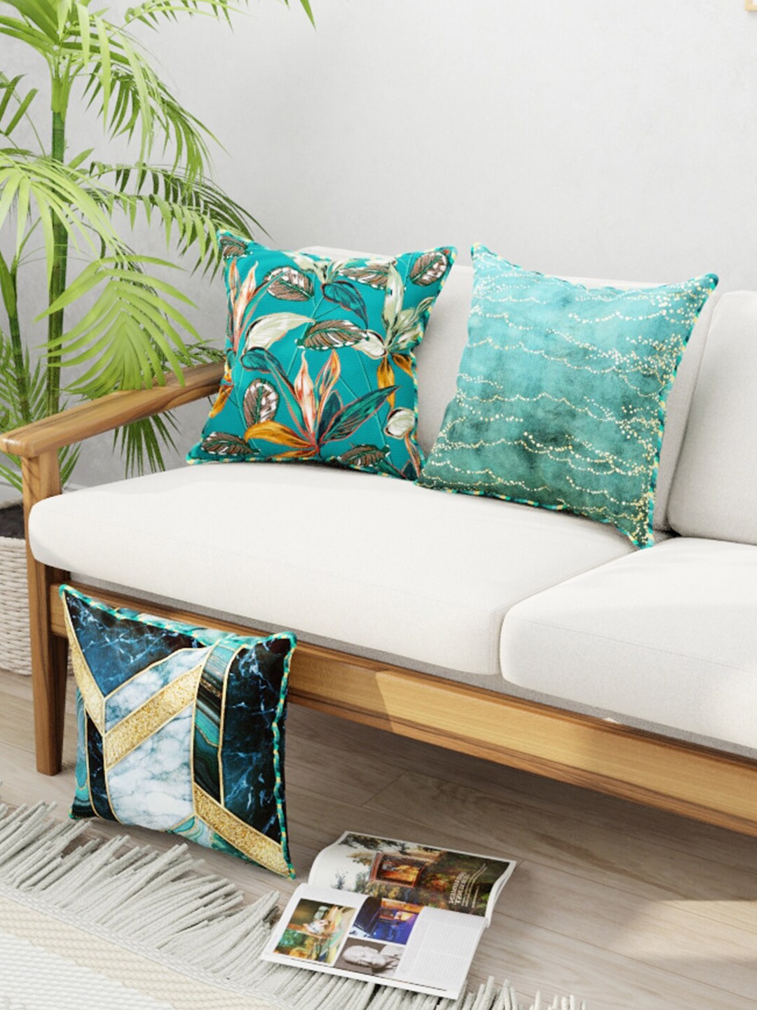 

BIANCA Set Of 3 Teal Abstract Printed Square Cushion Covers