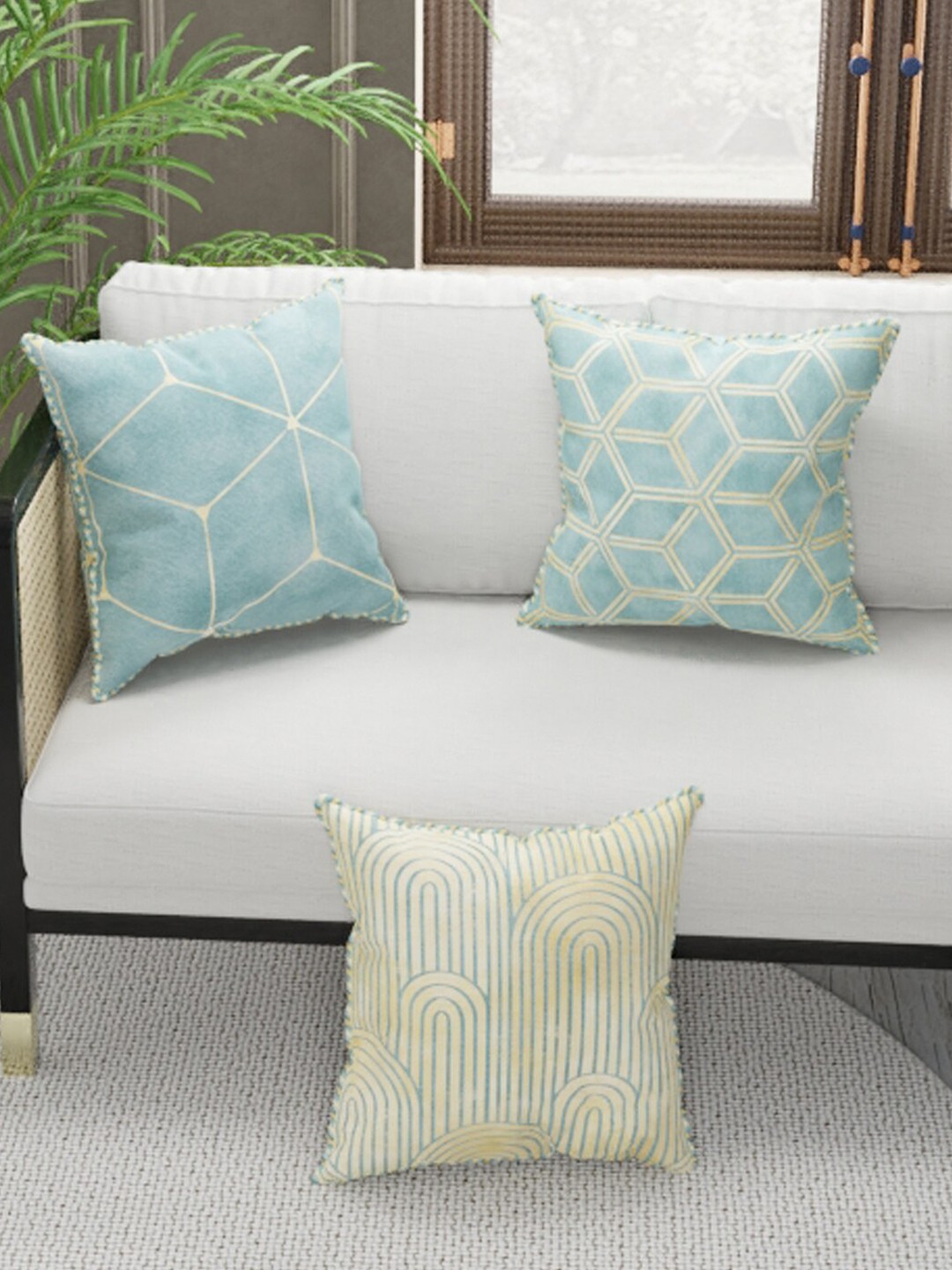 

BIANCA Set of 3 Teal & Yellow Geometric Square Cushion Covers