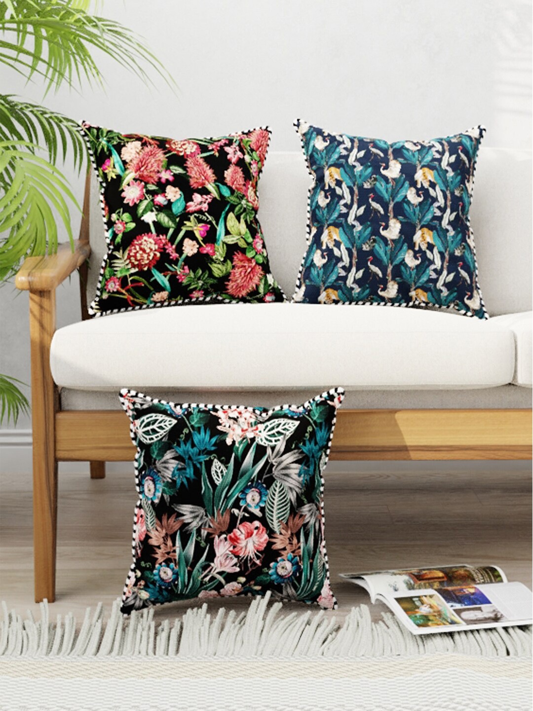 

BIANCA Set Of 3 Black & Green Floral Printed Cushion Covers