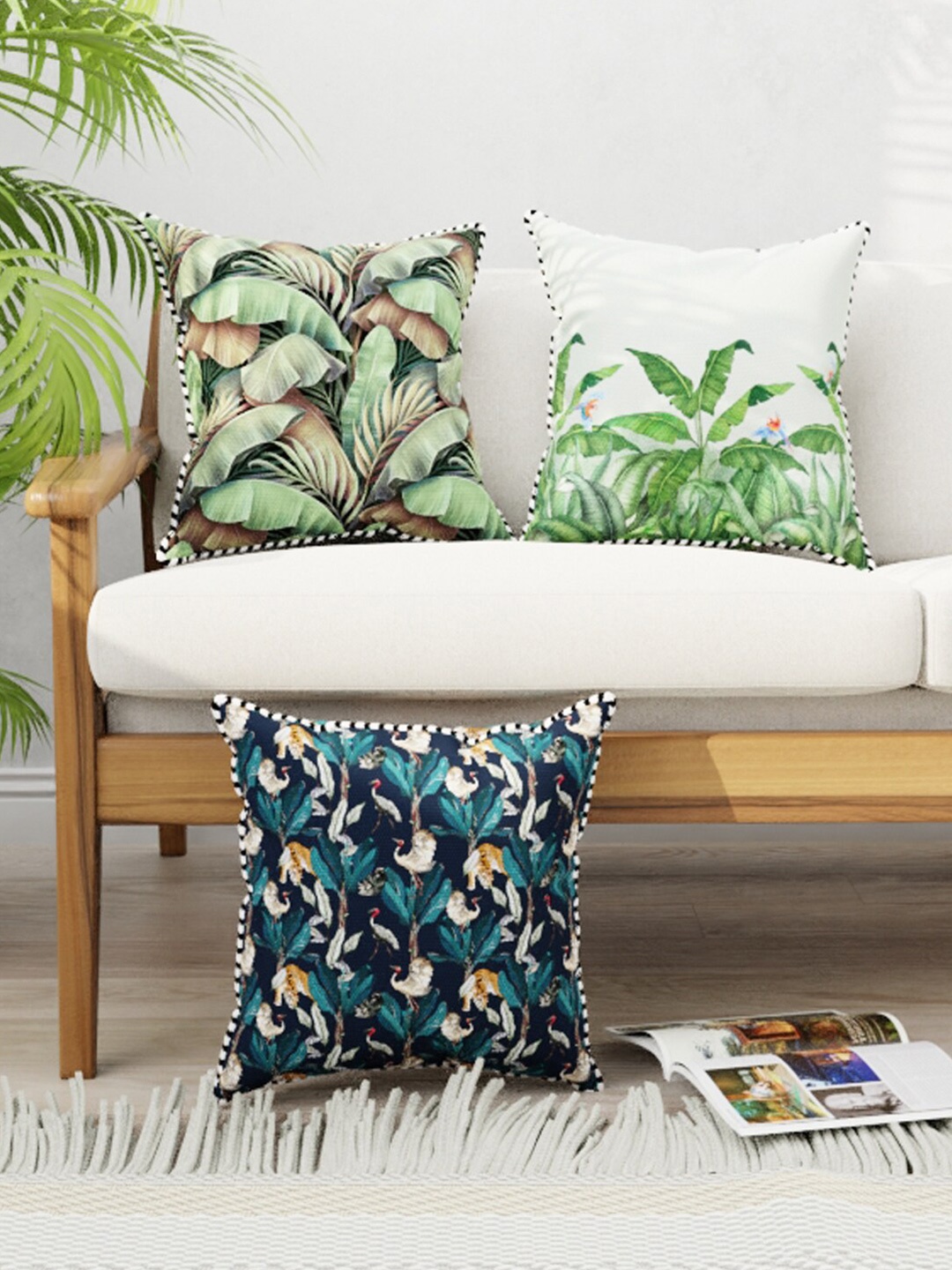 

BIANCA Black & Green Set of 3 Floral Square Cushion Covers