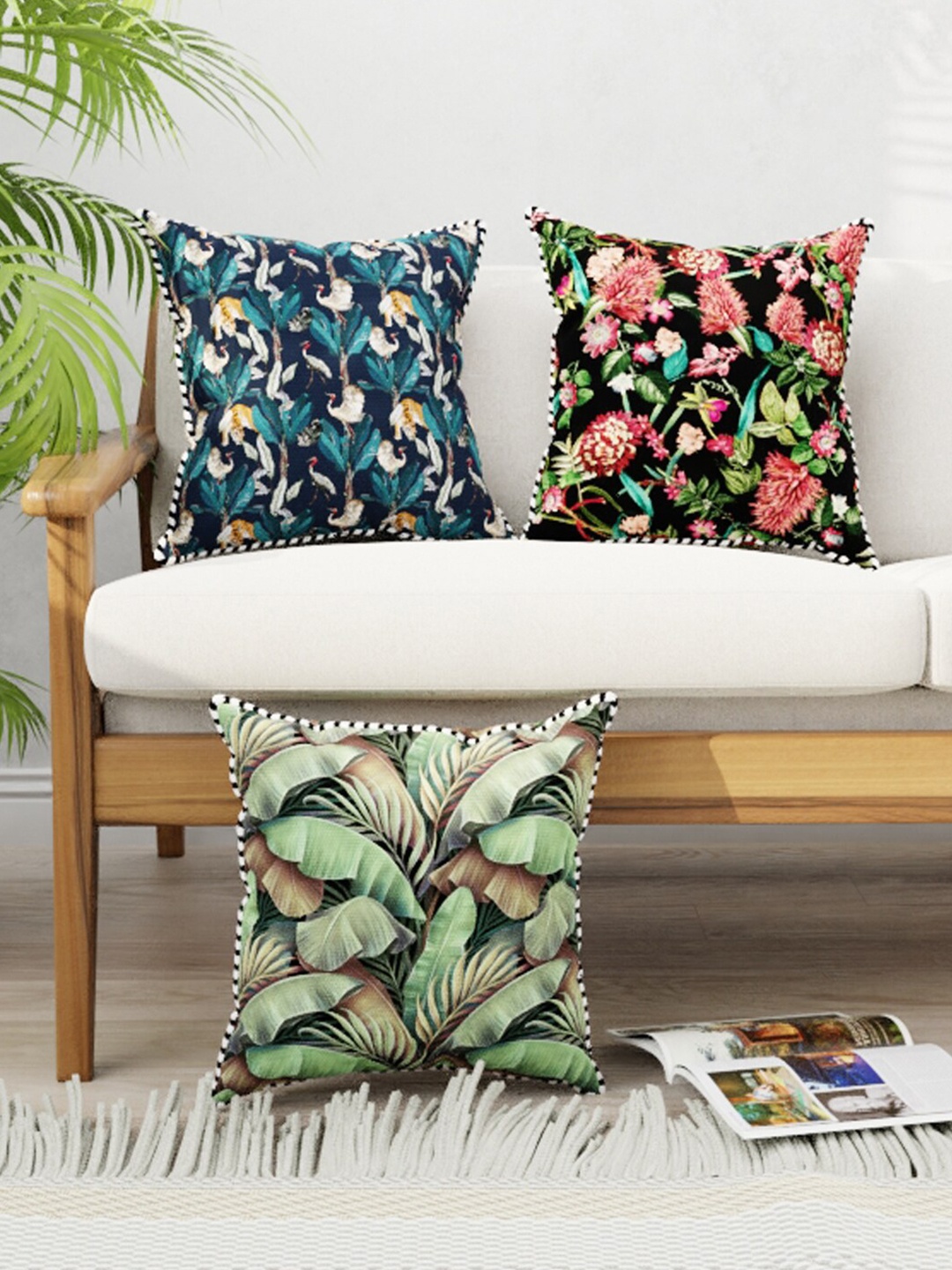 

BIANCA Set Of 3 Floral Digital Print Square Cushion Covers, Black
