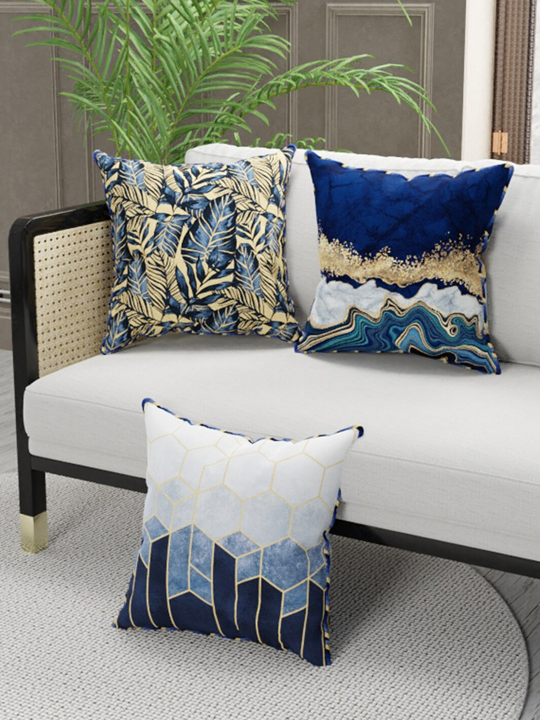 

BIANCA Navy Blue & Gold-Toned Set of 3 Abstract Square Cushion Covers