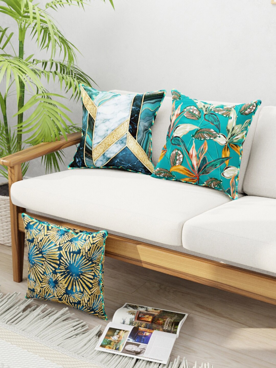 

BIANCA Teal & Gold-Toned Set of 3 Geometric Faux Silk-Linen Square Cushion Covers